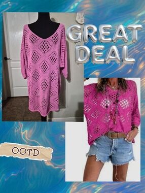 Women’s Pink Crochet Diamond-Pattern Sweater Plus Size